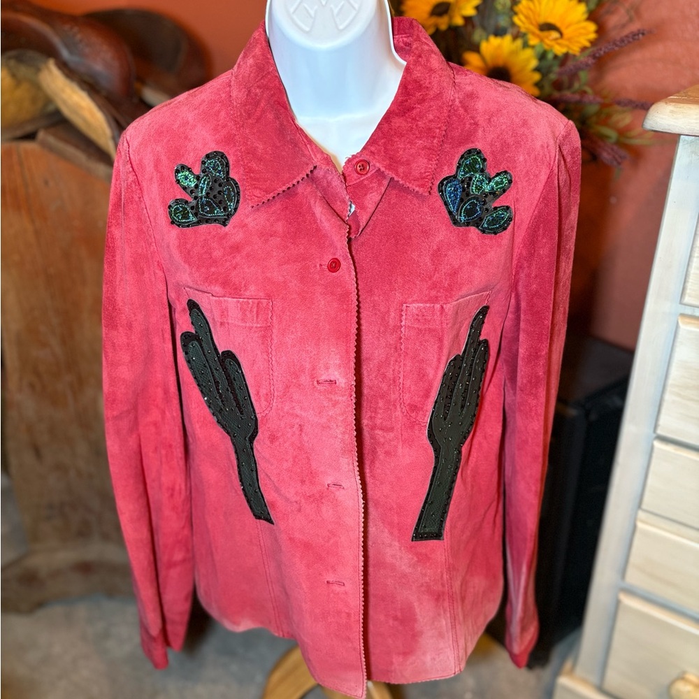 Women's Red Suede Jacket with Cactus Appliqués